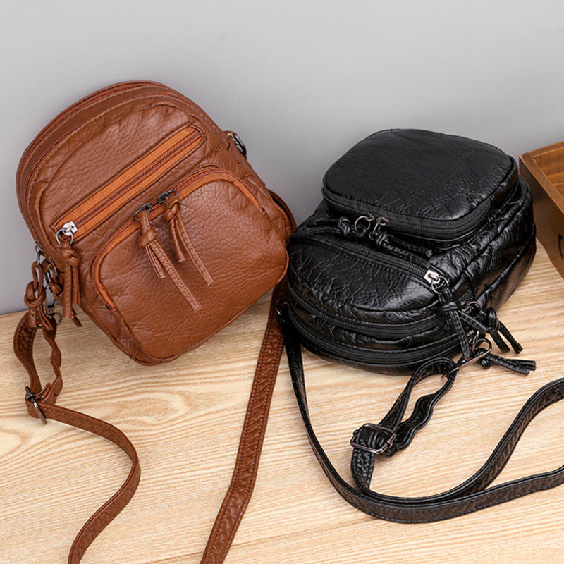 Bolso Cruzado de Cuero Vintage Estilo Lavado de Múltiples Capas