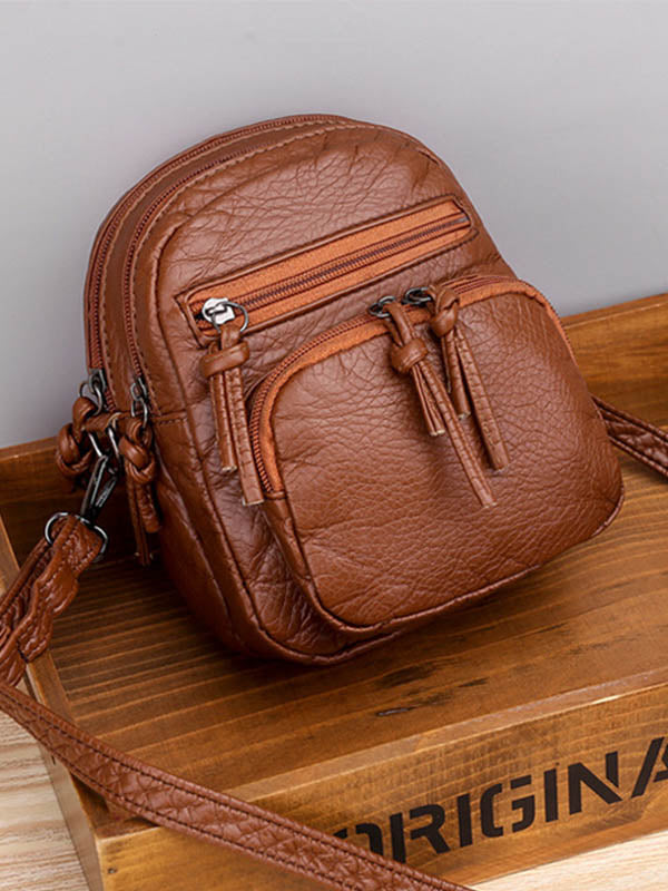 Bolso Cruzado de Cuero Vintage Estilo Lavado de Múltiples Capas