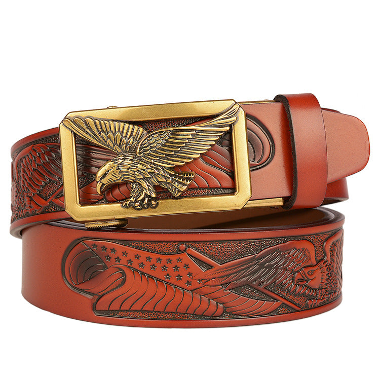 Cinturón de Piel Auténtica Traff 4018 con Diseño de Águila Voladora Negra – Hebilla Ancha de Águila