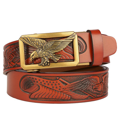 Cinturón de Piel Auténtica Traff 4018 con Diseño de Águila Voladora Negra – Hebilla Ancha de Águila