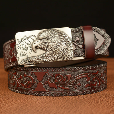 Cinturón de Cuero Genuino Traff con Grabado Negro y Diseño Redondo 03 – Hebilla de Águila
