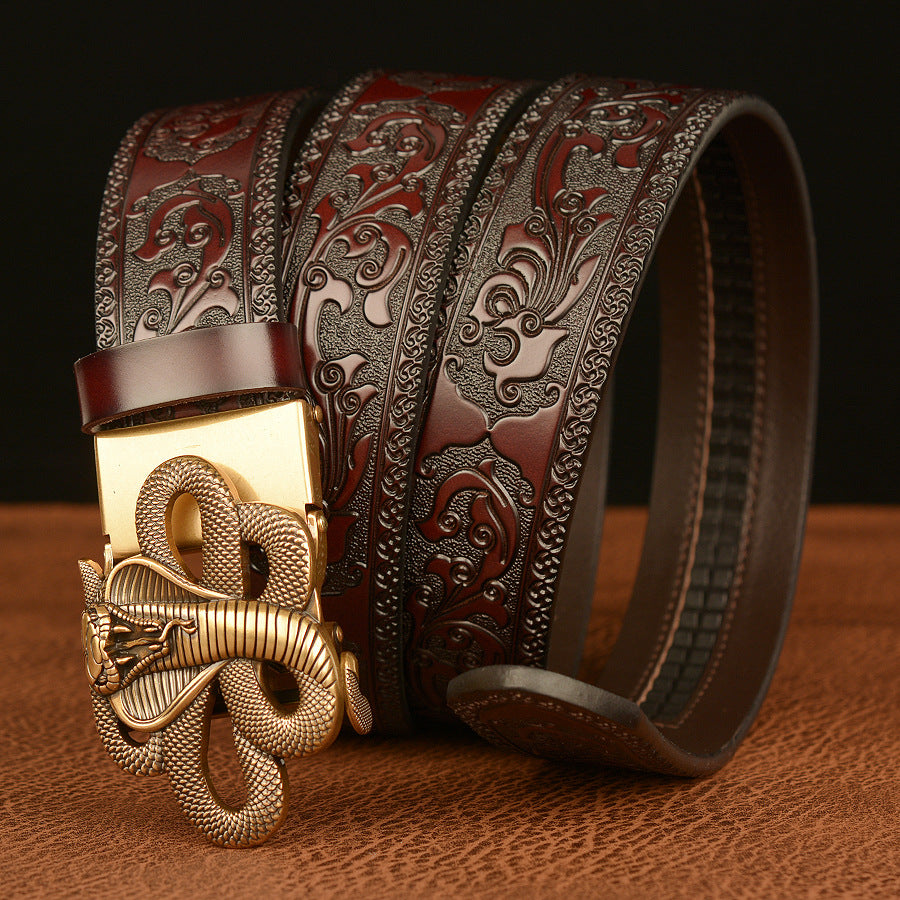Cinturón de Cuero Real Traff con Grabado Negro y Diseño de Cobra – Hebilla de Serpiente