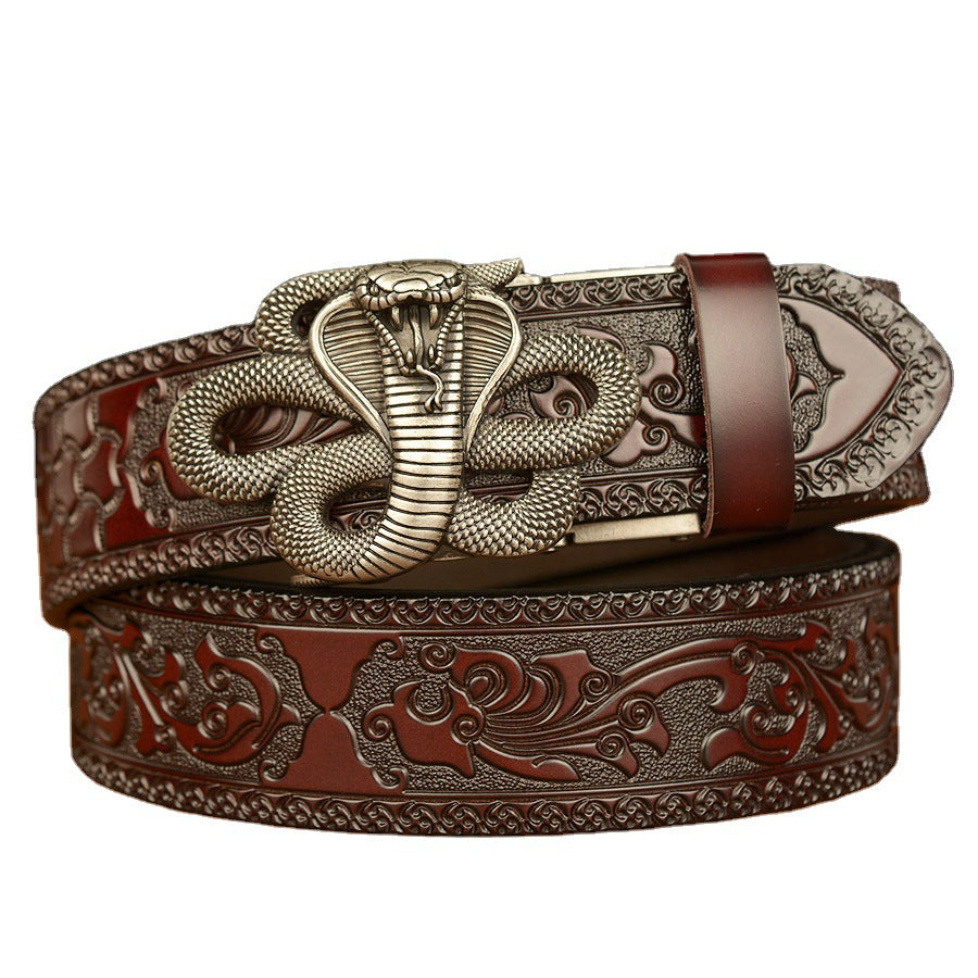 Cinturón de Cuero Real Traff con Grabado Negro y Diseño de Cobra – Hebilla de Serpiente