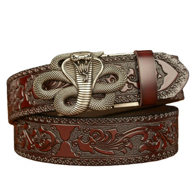 Cinturón de Cuero Real Traff con Grabado Negro y Diseño de Cobra – Hebilla de Serpiente