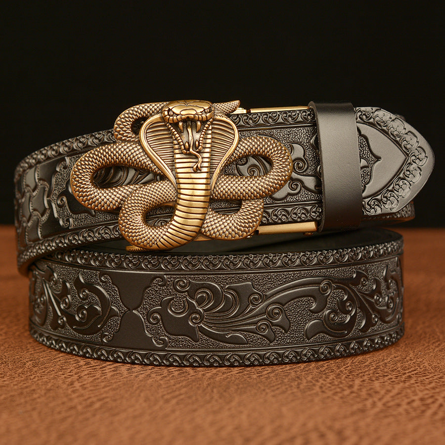 Cinturón de Cuero Real Traff con Grabado Negro y Diseño de Cobra – Hebilla de Serpiente
