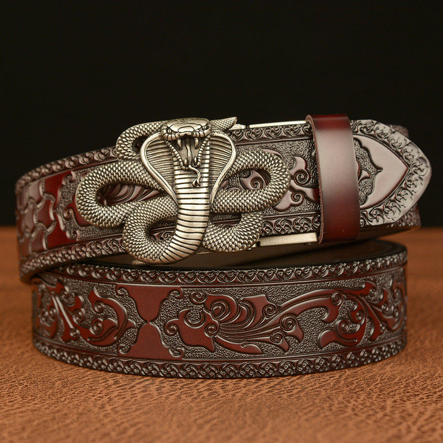 Cinturón de Cuero Real Traff con Grabado Negro y Diseño de Cobra – Hebilla de Serpiente