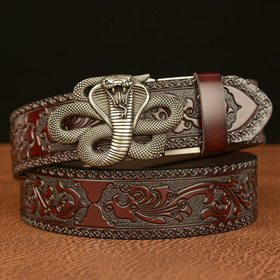 Cinturón de Cuero Real Traff con Grabado Negro y Diseño de Cobra – Hebilla de Serpiente