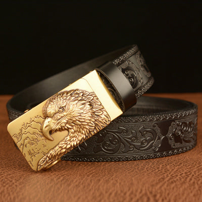 Cinturón de Cuero Genuino Traff con Grabado Negro y Diseño Redondo 03 – Hebilla de Águila