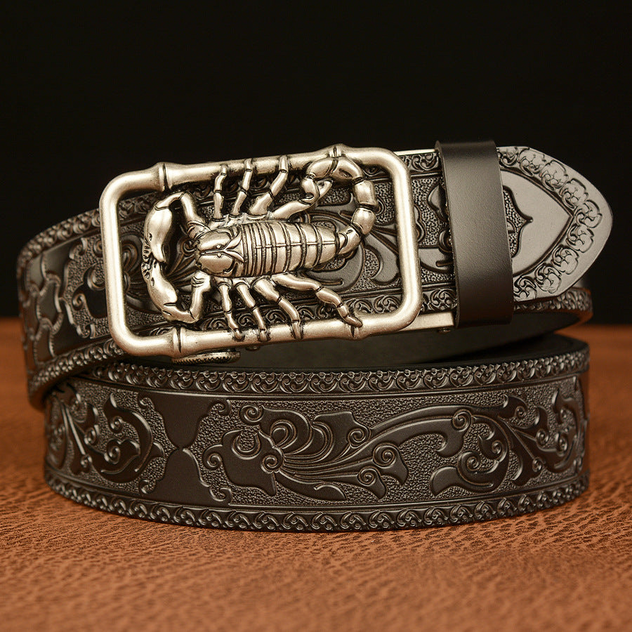 Cinturón de Cuero Genuino con Diseño de Escorpión Negro Traff – Hebilla de Escorpión