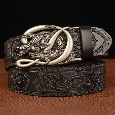 Cinturón de Cuero Genuine Negro con Grabado Traff – Hebilla de Cocodrilo