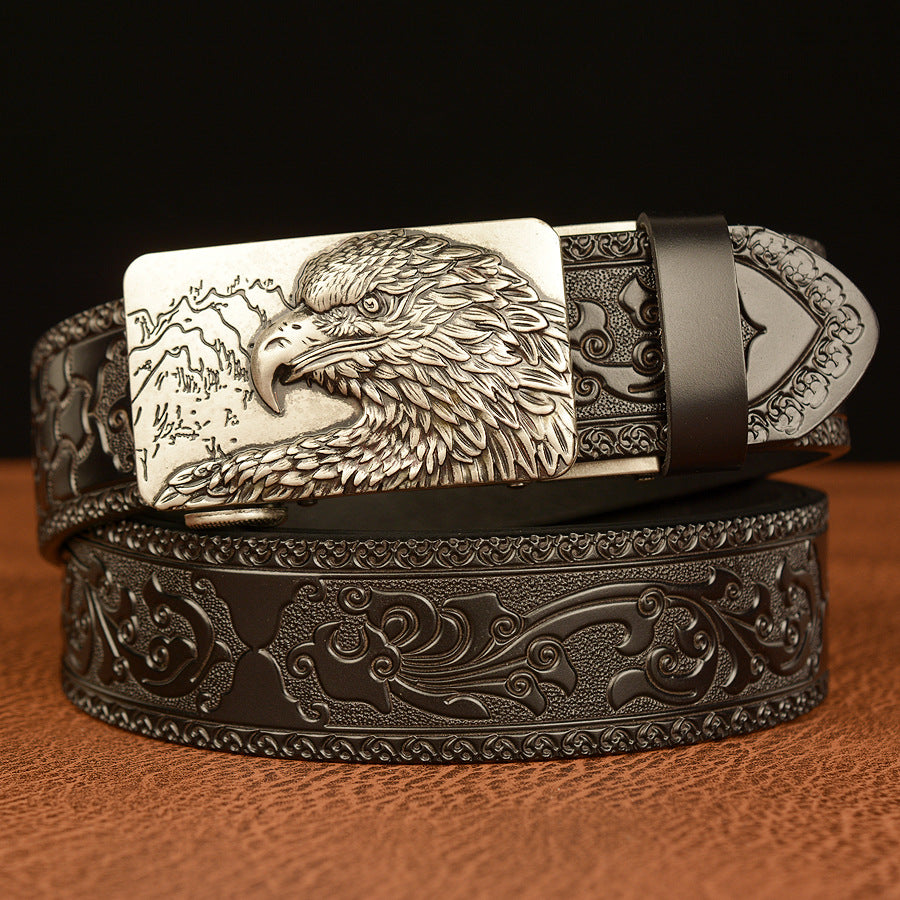 Cinturón de Cuero Genuino Traff con Grabado Negro y Diseño Redondo 03 – Hebilla de Águila