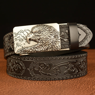 Cinturón de Cuero Genuino Traff con Grabado Negro y Diseño Redondo 03 – Hebilla de Águila