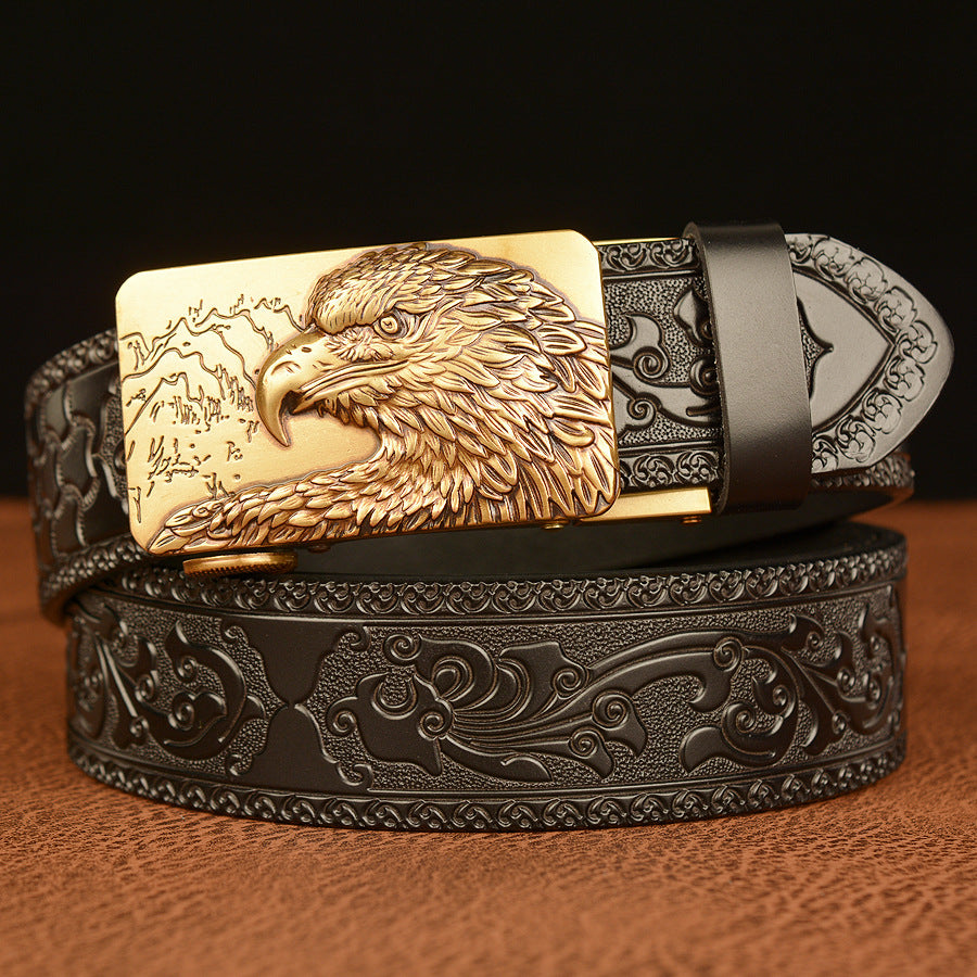 Cinturón de Cuero Genuino Traff con Grabado Negro y Diseño Redondo 03 – Hebilla de Águila