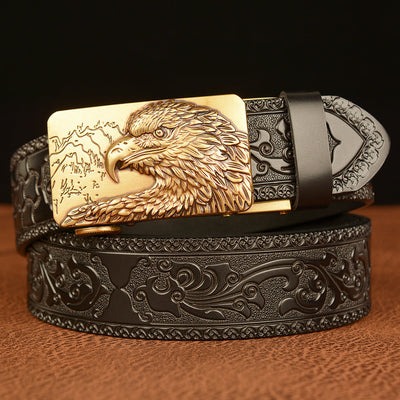 Cinturón de Cuero Genuino Traff con Grabado Negro y Diseño Redondo 03 – Hebilla de Águila