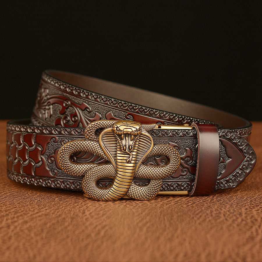 Cinturón de Cuero Real Traff con Grabado Negro y Diseño de Cobra – Hebilla de Serpiente