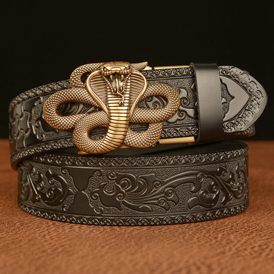 Cinturón de Cuero Real Traff con Grabado Negro y Diseño de Cobra – Hebilla de Serpiente