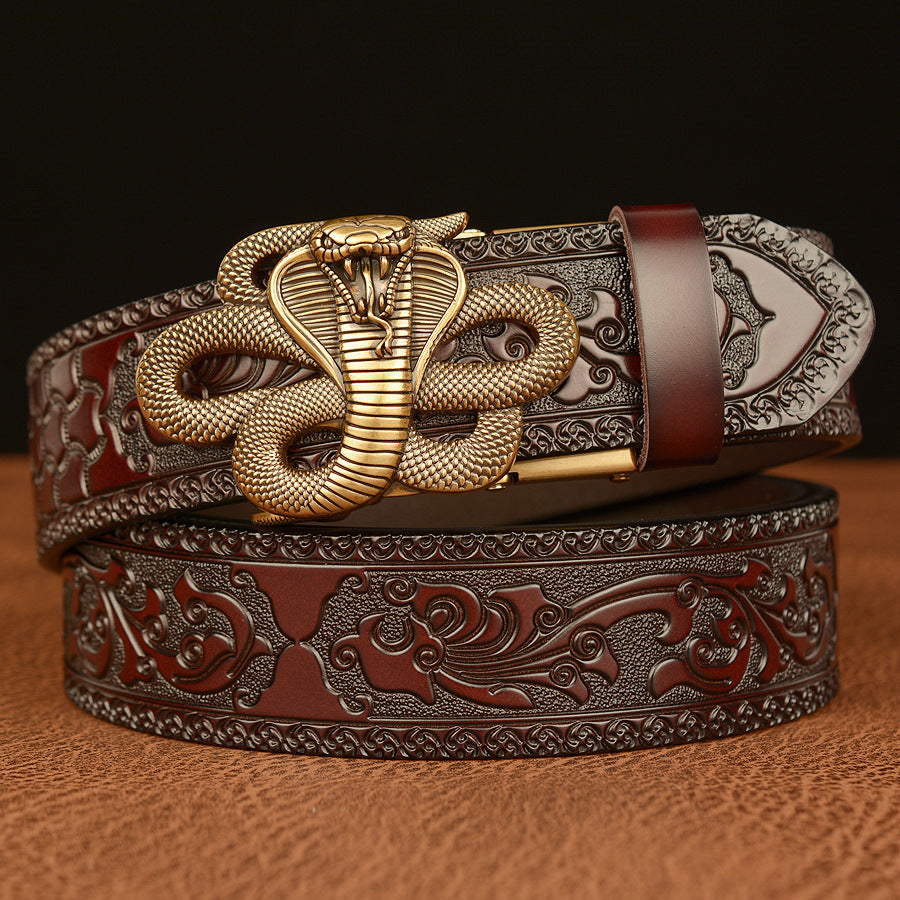 Cinturón de Cuero Real Traff con Grabado Negro y Diseño de Cobra – Hebilla de Serpiente