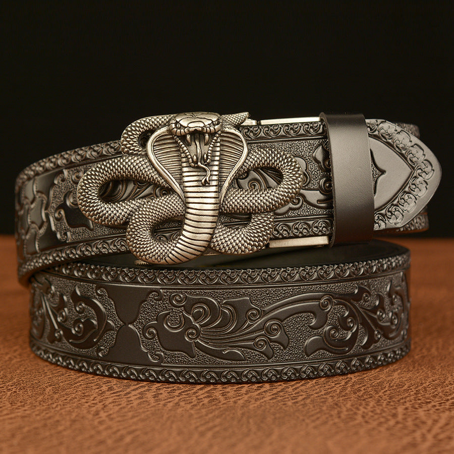 Cinturón de Cuero Real Traff con Grabado Negro y Diseño de Cobra – Hebilla de Serpiente