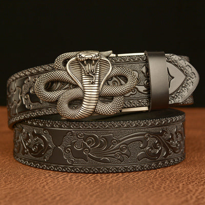 Cinturón de Cuero Real Traff con Grabado Negro y Diseño de Cobra – Hebilla de Serpiente