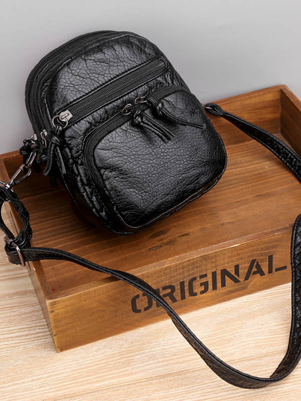 Bolso Cruzado de Cuero Vintage Estilo Lavado de Múltiples Capas