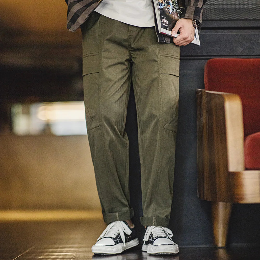 Maden New Retro Multi-pocket Herringbone Casual Pants Vibe Green Straight Trousers for Men's Spring and Fall Fashion Style