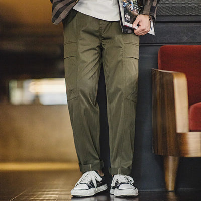Maden New Retro Multi-pocket Herringbone Casual Pants Vibe Green Straight Trousers for Men's Spring and Fall Fashion Style