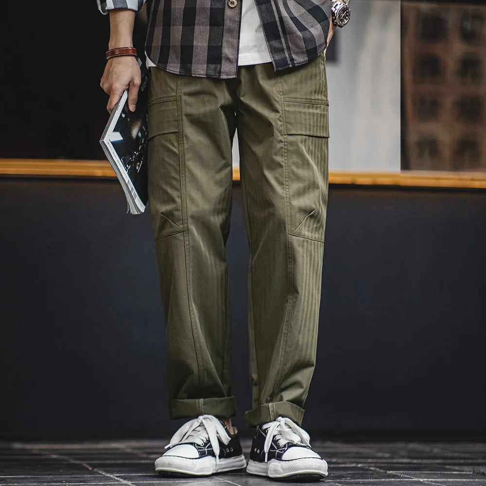 Maden New Retro Multi-pocket Herringbone Casual Pants Vibe Green Straight Trousers for Men's Spring and Fall Fashion Style
