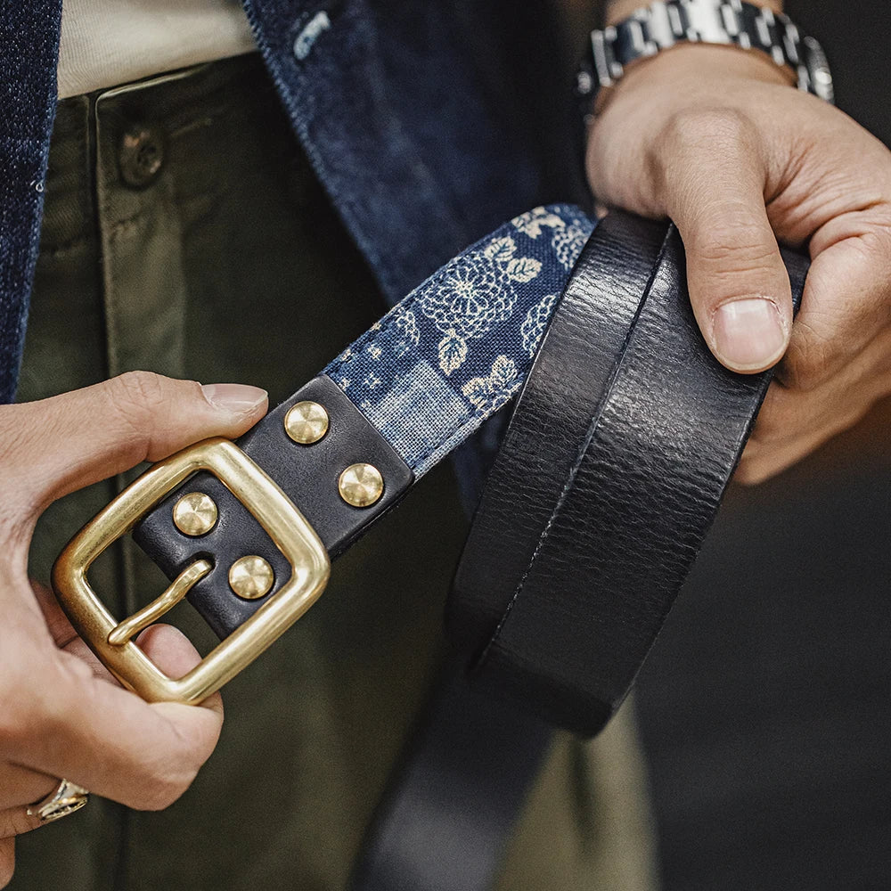 Maden New Cowhide Material Ancient Cloth Printed Vegetable Tanned Belt Boro Style Cowhide Pin Buckle Retro Belt for Men
