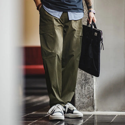 Maden New Retro Multi-pocket Herringbone Casual Pants Vibe Green Straight Trousers for Men's Spring and Fall Fashion Style