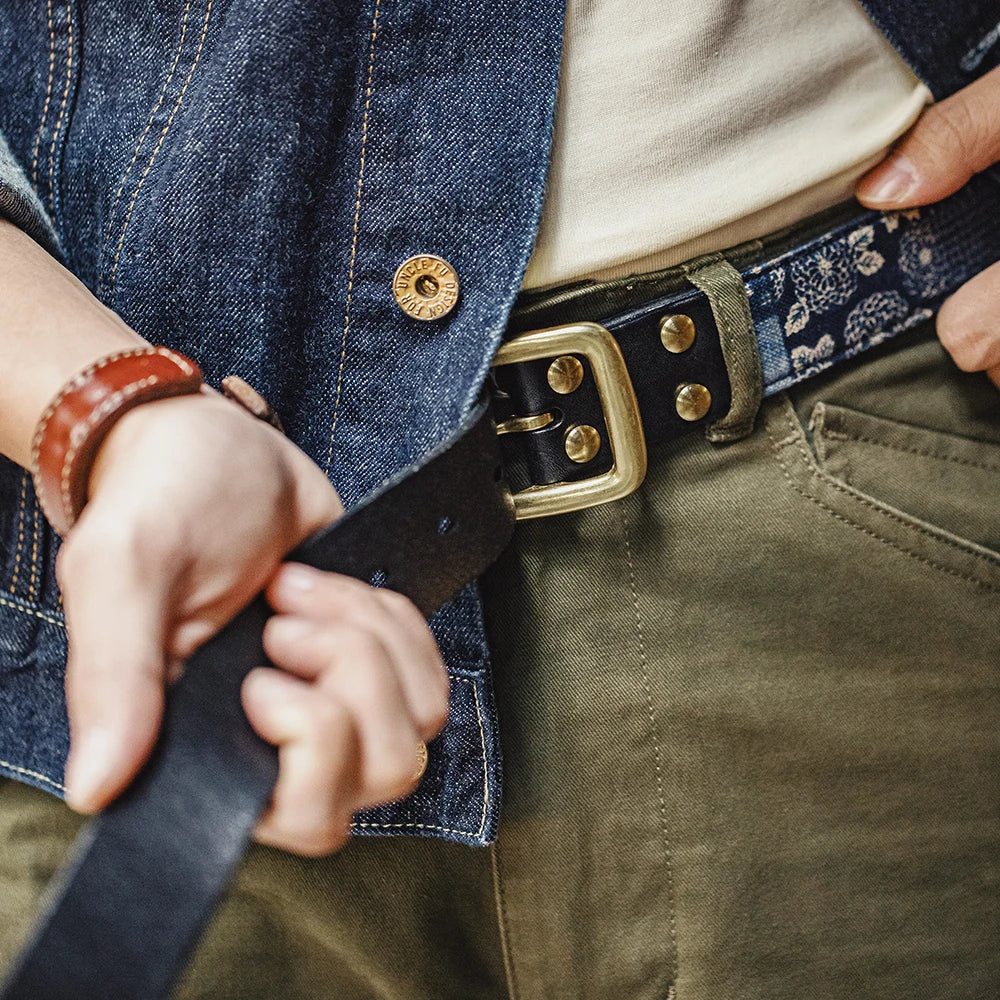 Maden New Cowhide Material Ancient Cloth Printed Vegetable Tanned Belt Boro Style Cowhide Pin Buckle Retro Belt for Men