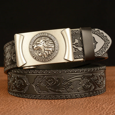 Cinturón de Cuero Genuino Traff Grabado Negro con Diseño 04 – Hebilla de León