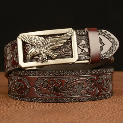 Cinturón de Cuero Negro Traff con Diseño de Grabado 01 – Hebilla de Águila