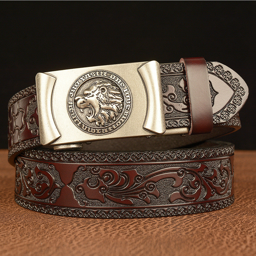Cinturón de Cuero Genuino Traff Grabado Negro con Diseño 04 – Hebilla de León