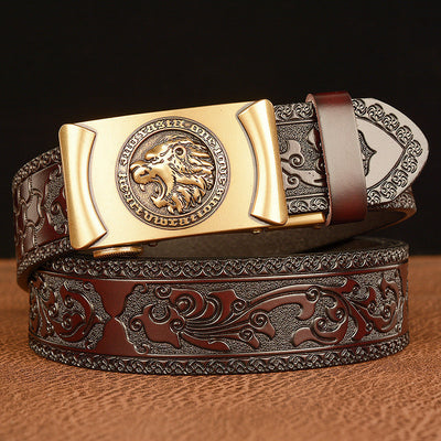 Cinturón de Cuero Genuino Traff Grabado Negro con Diseño 04 – Hebilla de León