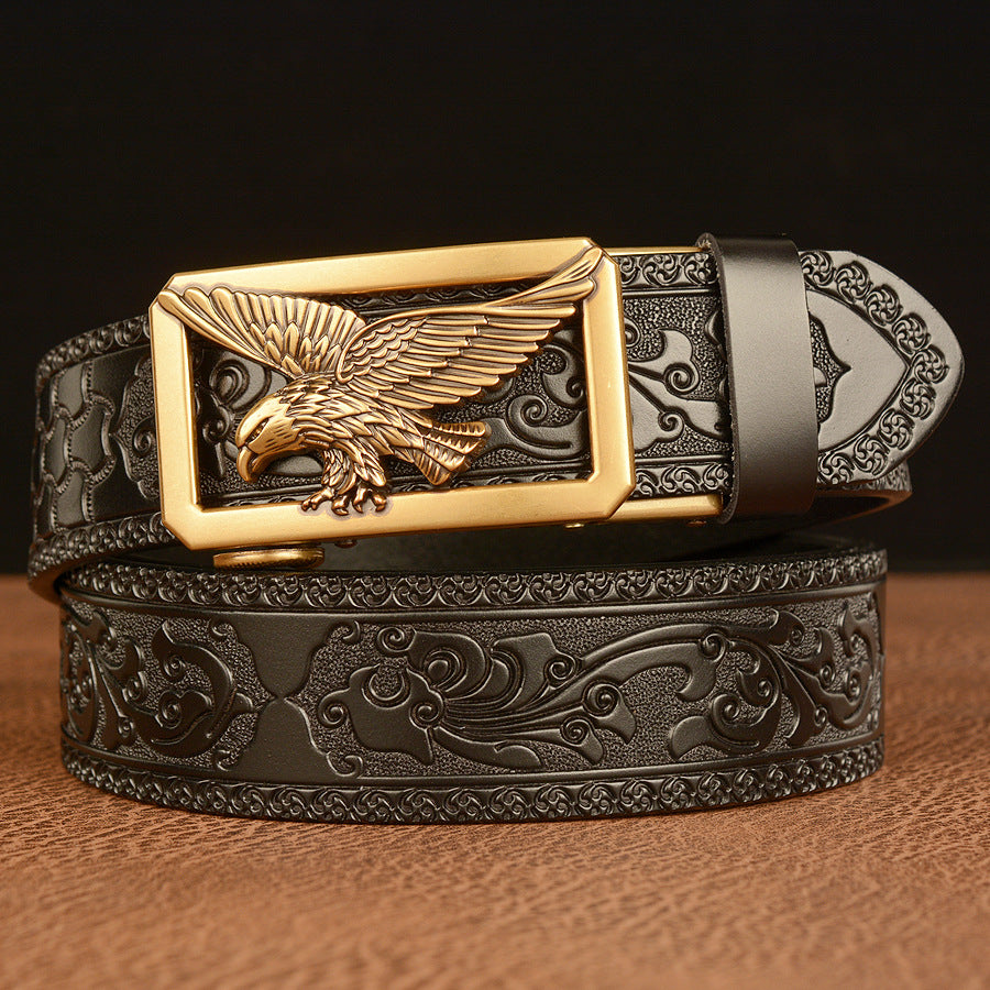 Cinturón de Cuero Negro Traff con Diseño de Grabado 01 – Hebilla de Águila