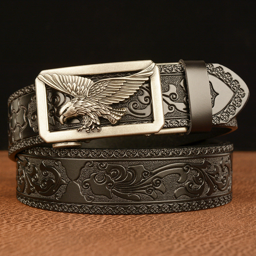Cinturón de Cuero Negro Traff con Diseño de Grabado 01 – Hebilla de Águila