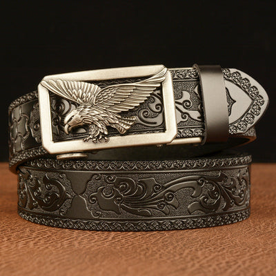 Cinturón de Cuero Negro Traff con Diseño de Grabado 01 – Hebilla de Águila