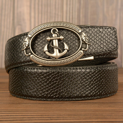 Traff Cinturón de Cuero Real Negro con Diseño de Cocodrilo – Hebilla de Ancla