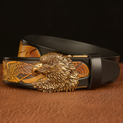 Cinturón de Cuero de Tres Capas con Diseño de Águila Negra Traff – Hebilla Ancha en Forma de Águila