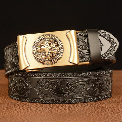 Cinturón de Cuero Genuino Traff Grabado Negro con Diseño 04 – Hebilla de León