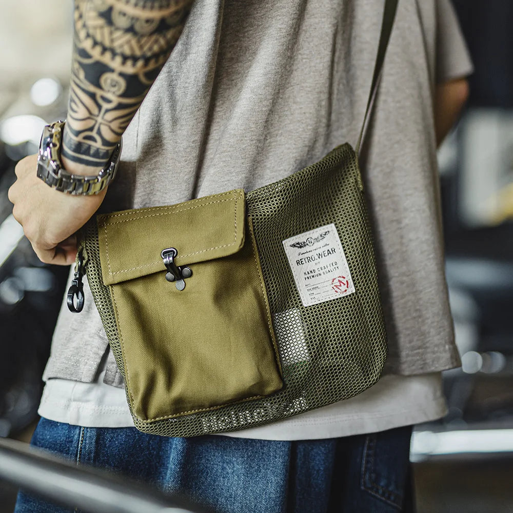 Maden Outdoor Green Crossbody Bag Men's Summer Lightweight Mesh Messenger Bag with Adjustable Strap Phone Pouch for Hiking&Daily