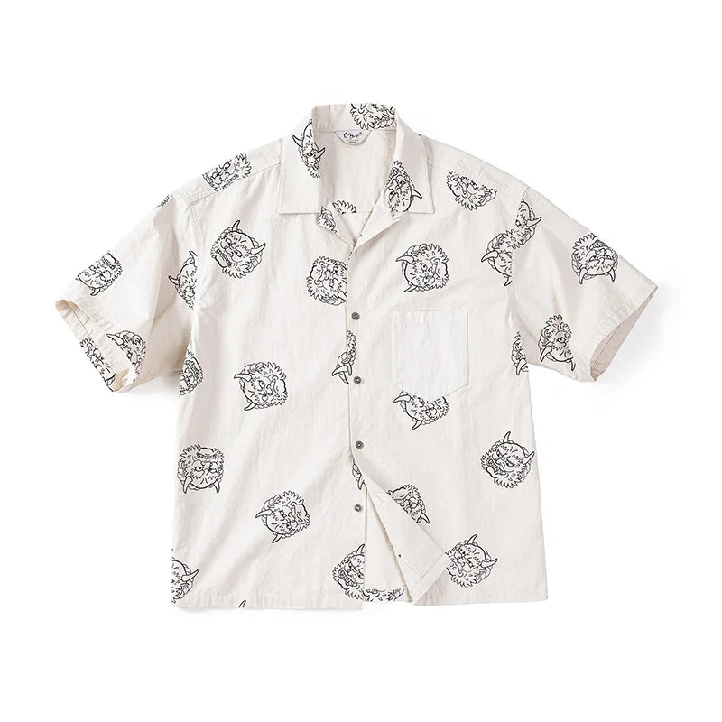 Maden Men's Japanese Vintage Linen Sense Print Shirts 100% Cotton Loose Short Sleeve Shirt Blouses 2023 Summer Workwear Tops
