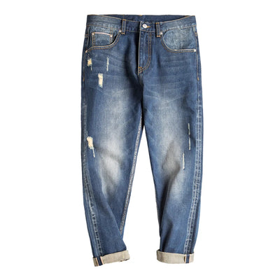 Maden Workwear Men's Retro Torn Hole Washed Red Ear Jeans Slim Fitting Small Leg Straight Leg Autumn Cropped Pants