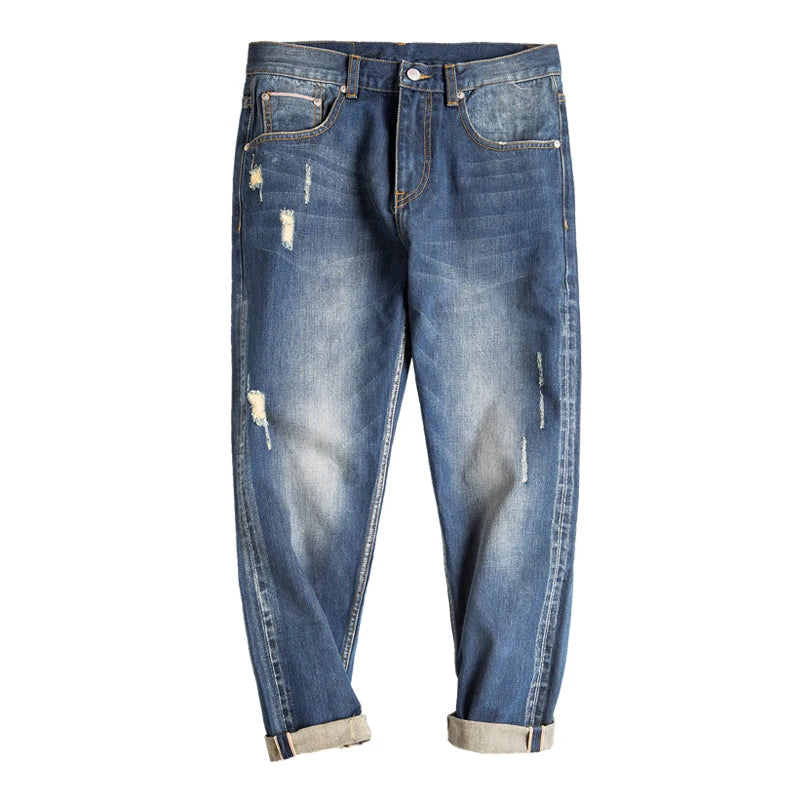 Maden Workwear Men's Retro Torn Hole Washed Red Ear Jeans Slim Fitting Small Leg Straight Leg Autumn Cropped Pants
