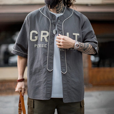 Maden Casual Grey Short Sleeve Baseball Shirt Men Summer Lightweight  Color-Block Letter Shirt Loose Fit Single Breasted Blouse