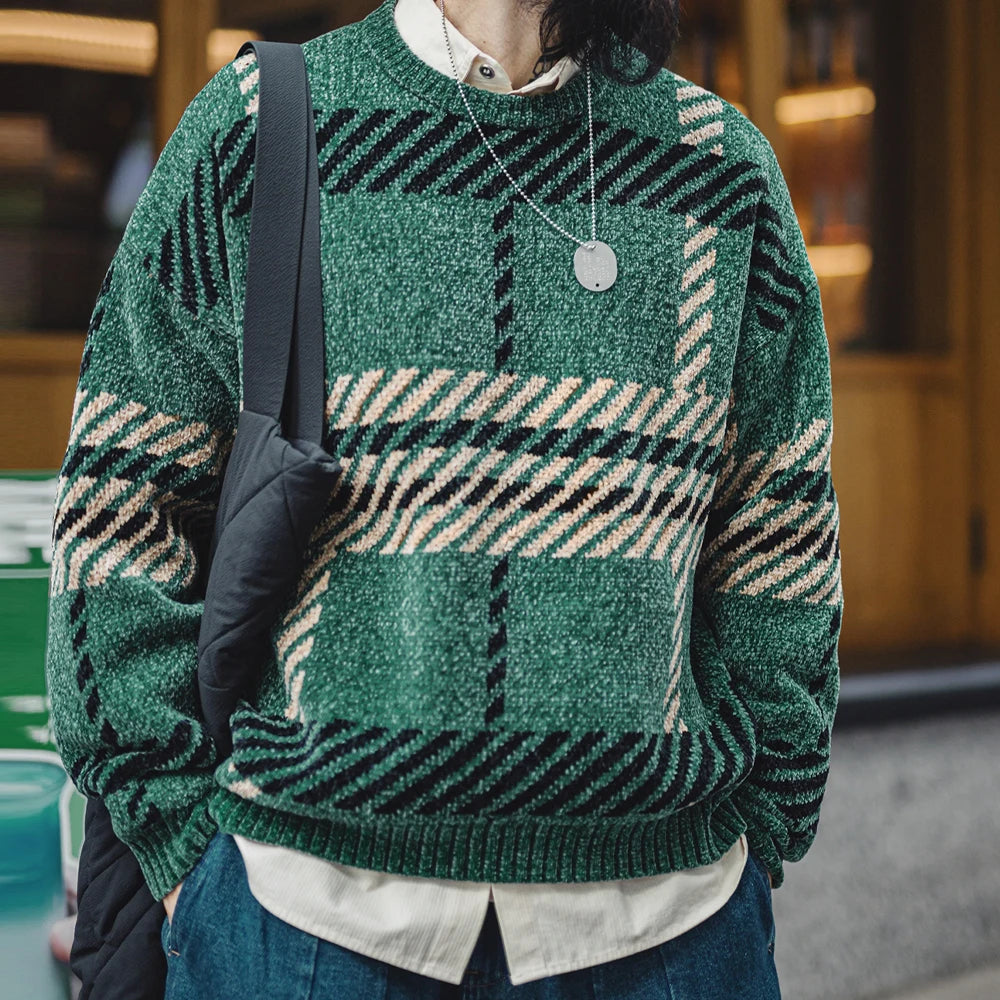 Maden Vintage Chenille Christmas Crew-neck Sweater Thickened Warm Knitted Pullover Unisex Versatile Sweater for Fall and Winter