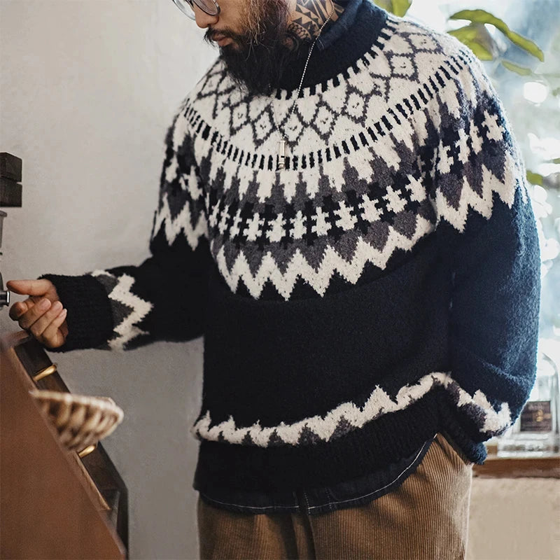 Maden Vintage Heavyweight Fair Isle Icelandic Sweater Round Neck Jacquard Bottom Knitwear Thickened Warm Pullovers for Christmas