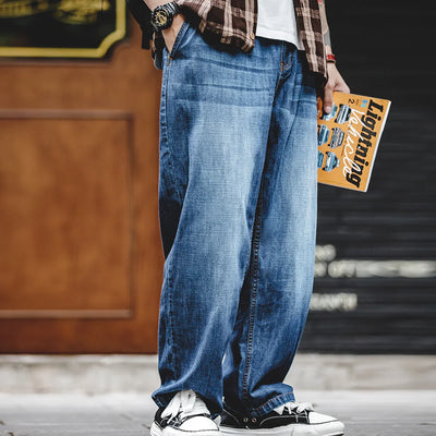 Maden Men Loose Casual Jeans 7.8OZ Washed Denim Mid Rise Stretchless Wide Leg Straight Pants Hombre Blue Jeans Plus Size