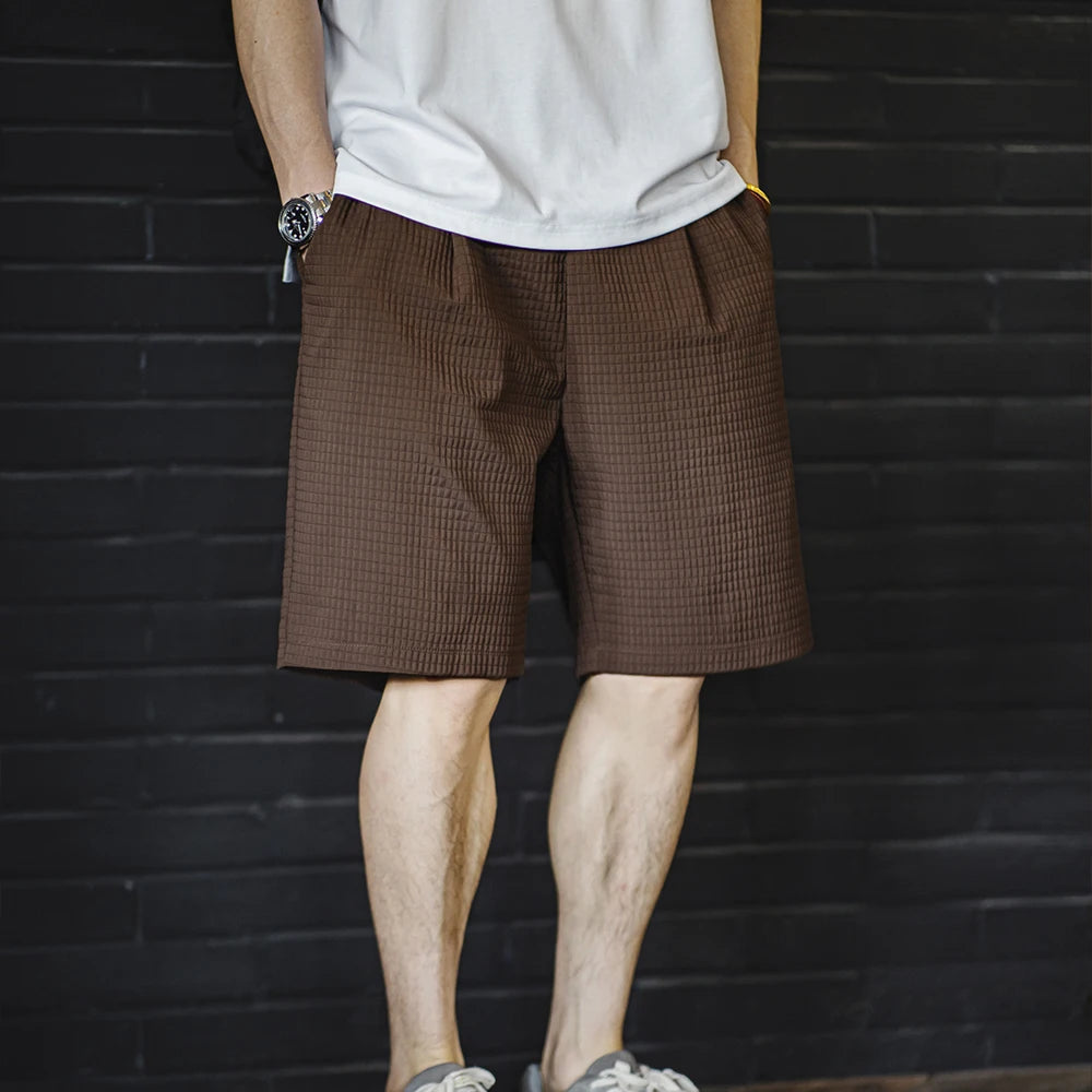 Maden Men's Summer Shorts Wrinkle-Resistant 3D Grid Pattern Straight-Fit Bermuda Shorts with Elastic Waist Short Pants