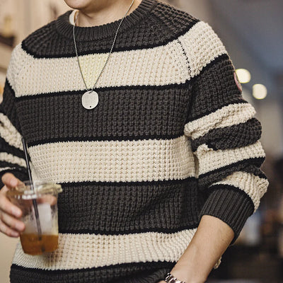 Maden Retro Striped Knitted Sweater with Round Neck Versatile Pullover for Men's Autumn and Winter Warm Knitted Casual Tops